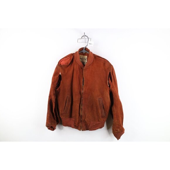 AS IS Vintage 50s Mens 42 Thrashed Suede Leather Bomber Jacket Burnt Orange USA